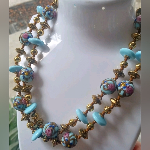 Wedding Cake Robin Egg Blue Glass Beaded Gold Tone Vtg 28" GORGEOUS Necklace - Picture 1 of 15